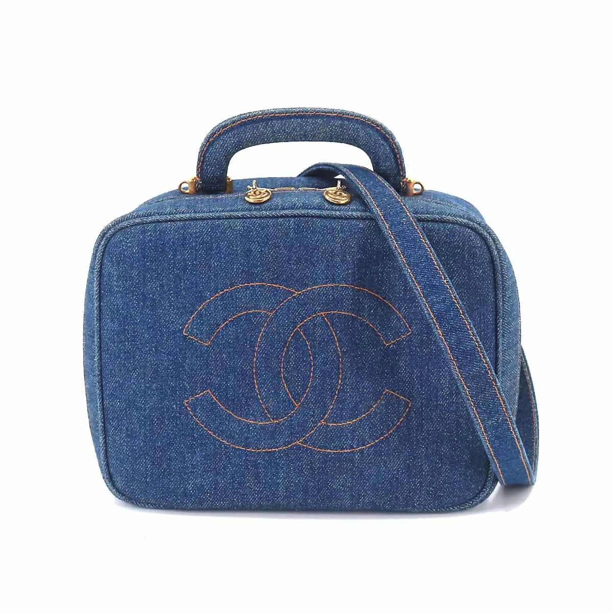CHANEL Vanity 2way Hand Shoulder Bag Denim Blue A07061 Gold Metal Fittings Vintage