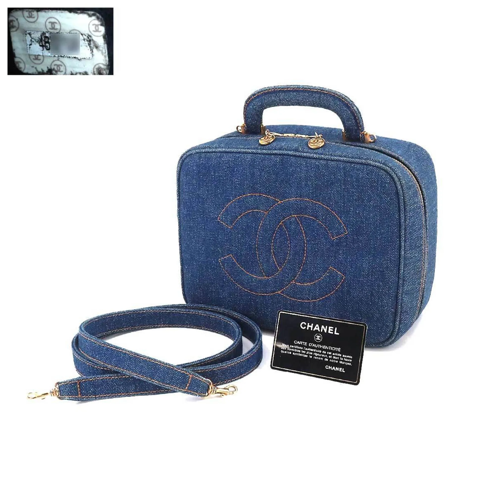 CHANEL Vanity 2way Hand Shoulder Bag Denim Blue A07061 Gold Metal Fittings Vintage
