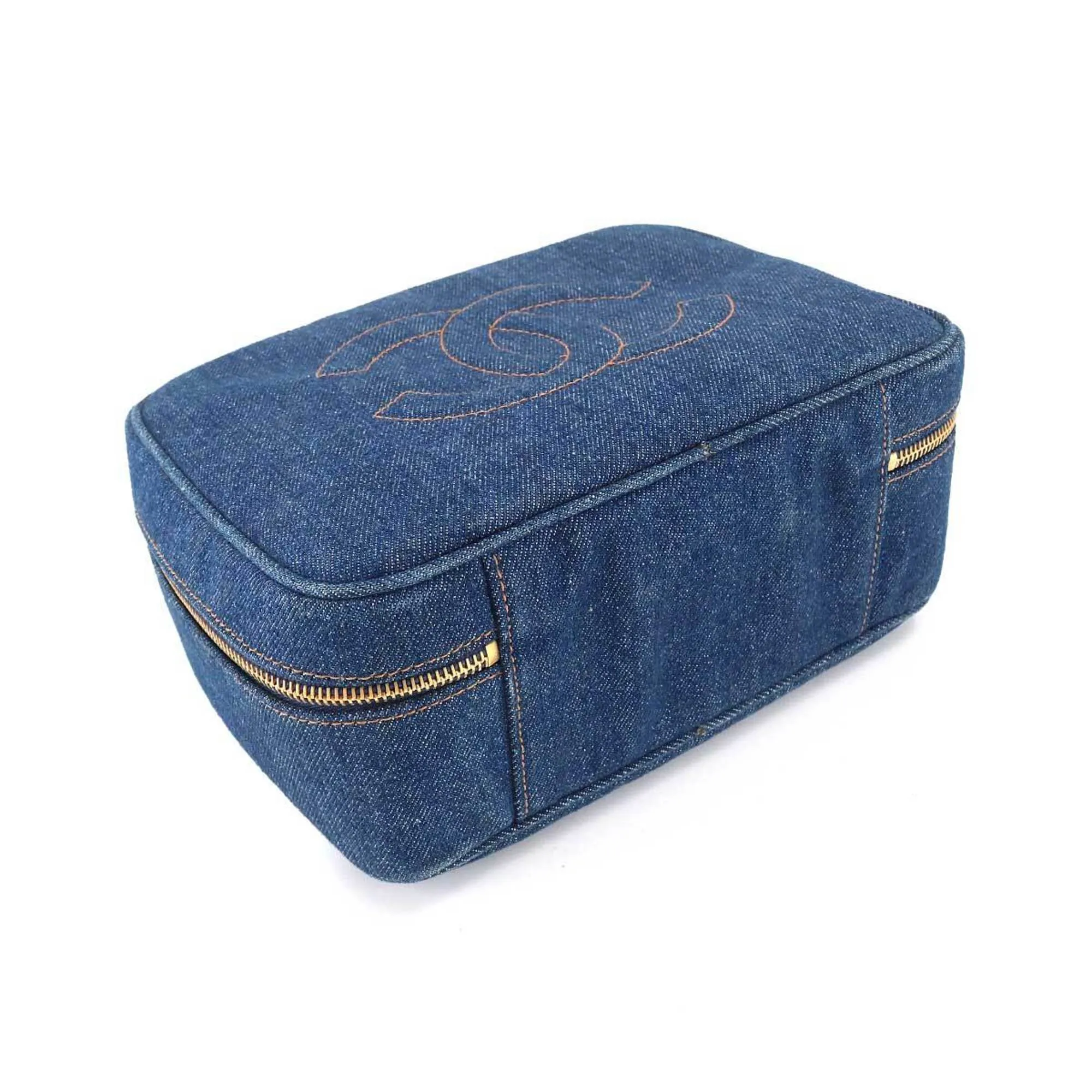 CHANEL Vanity 2way Hand Shoulder Bag Denim Blue A07061 Gold Metal Fittings Vintage