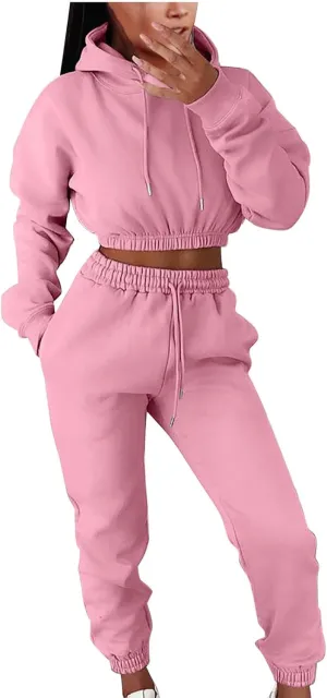 Charella Two Piece Sweatsuit Outfits for Women's Solid Pullover Hoodies Drawstring Cinch Bottom Trousers Sets With Pocket