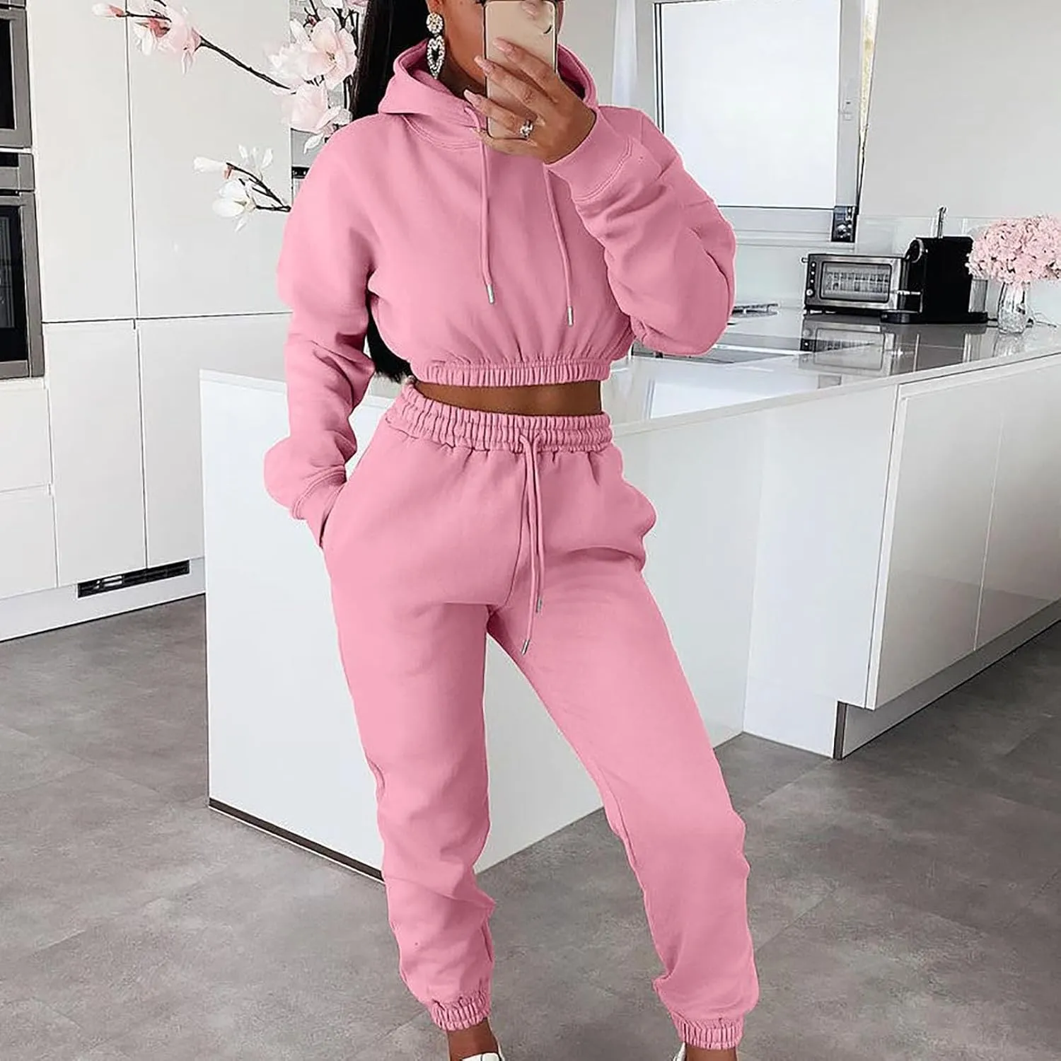 Charella Two Piece Sweatsuit Outfits for Women's Solid Pullover Hoodies Drawstring Cinch Bottom Trousers Sets With Pocket