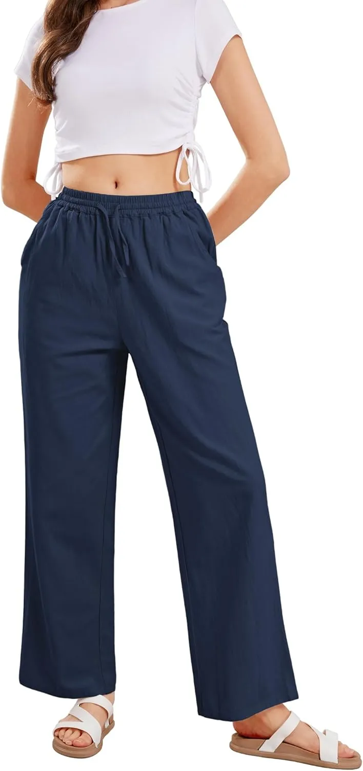 CHARTOU Women's Summer Drawstring Waist Wide Leg Loose Cotton Linen Palazzo Pants