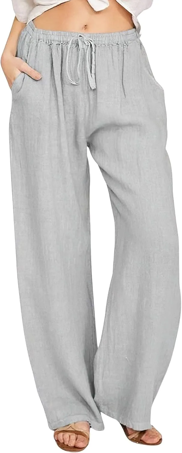 CHARTOU Women's Summer Drawstring Waist Wide Leg Loose Cotton Linen Palazzo Pants