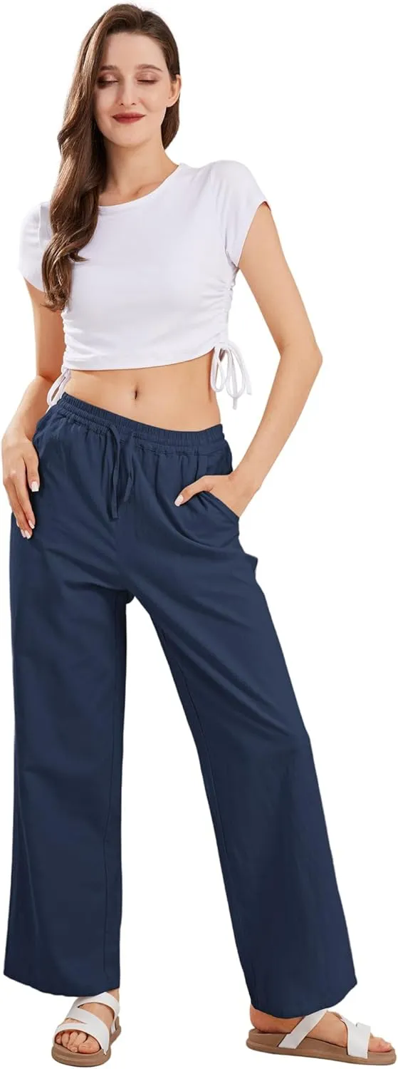 CHARTOU Women's Summer Drawstring Waist Wide Leg Loose Cotton Linen Palazzo Pants
