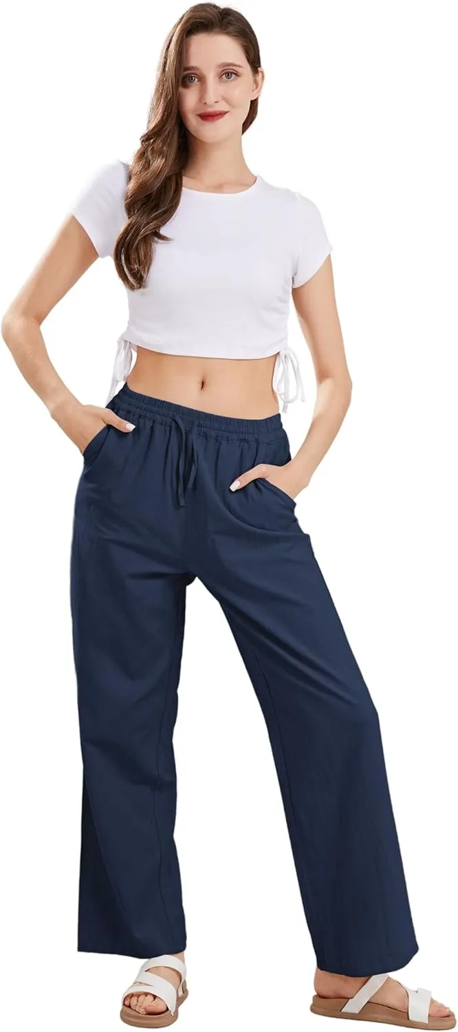 CHARTOU Women's Summer Drawstring Waist Wide Leg Loose Cotton Linen Palazzo Pants
