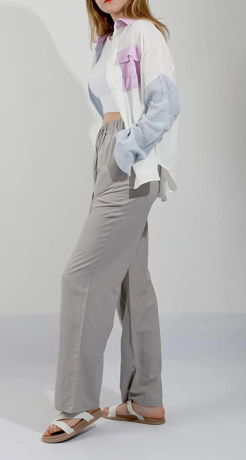 CHARTOU Women's Summer Drawstring Waist Wide Leg Loose Cotton Linen Palazzo Pants