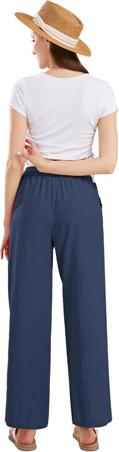 CHARTOU Women's Summer Drawstring Waist Wide Leg Loose Cotton Linen Palazzo Pants