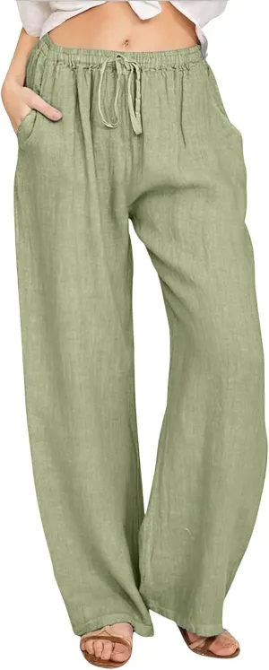 CHARTOU Women's Summer Drawstring Waist Wide Leg Loose Cotton Linen Palazzo Pants