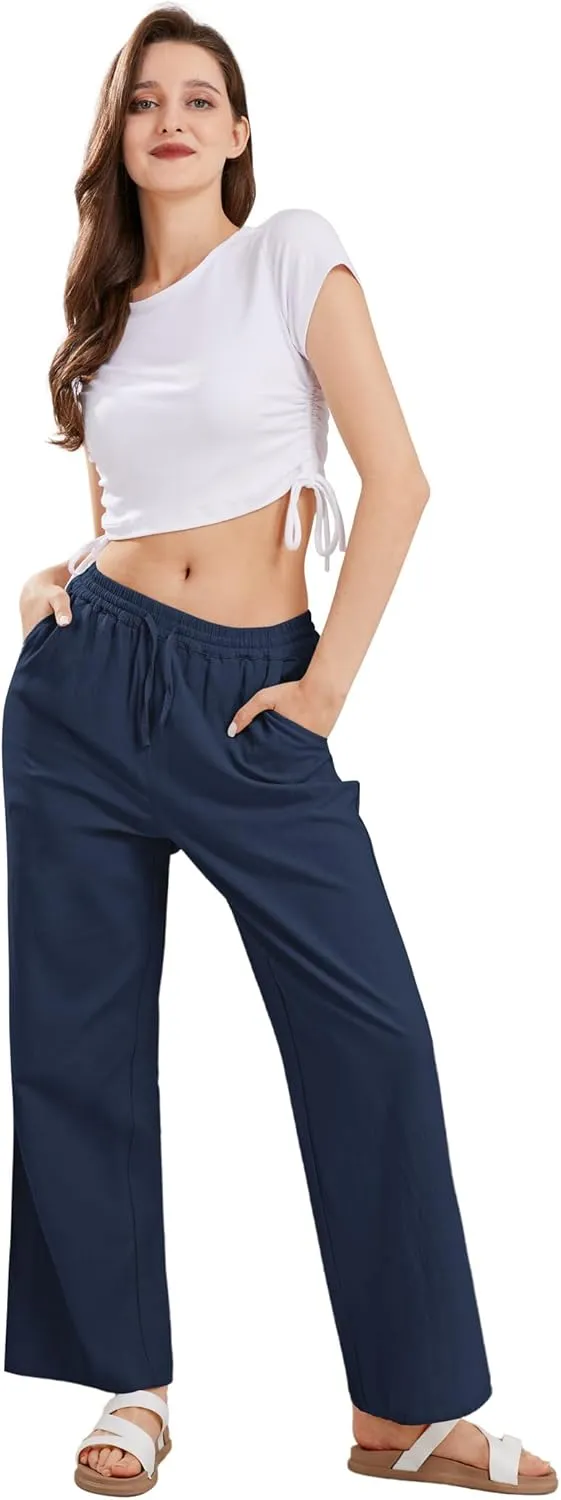 CHARTOU Women's Summer Drawstring Waist Wide Leg Loose Cotton Linen Palazzo Pants