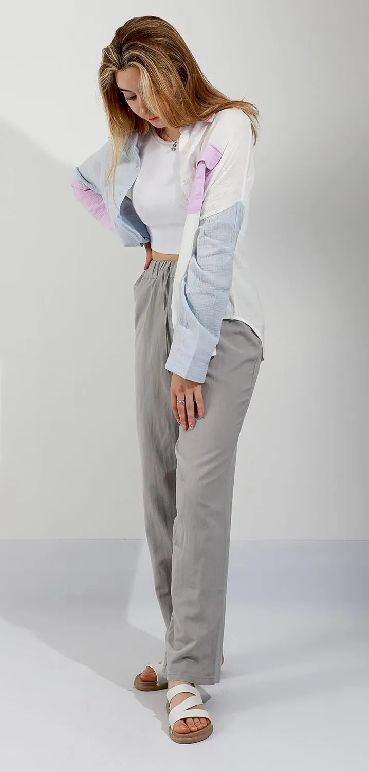 CHARTOU Women's Summer Drawstring Waist Wide Leg Loose Cotton Linen Palazzo Pants