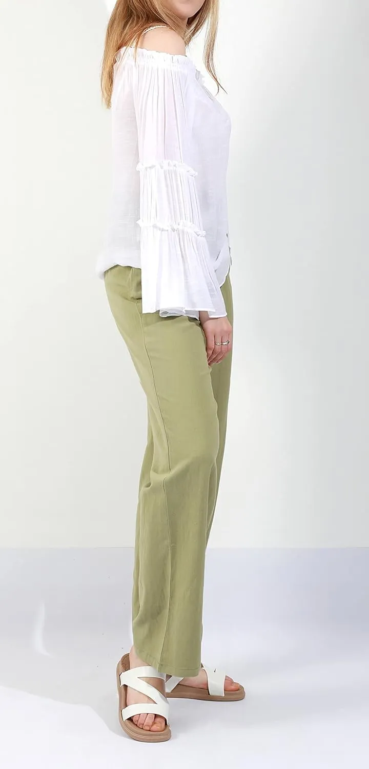 CHARTOU Women's Summer Drawstring Waist Wide Leg Loose Cotton Linen Palazzo Pants