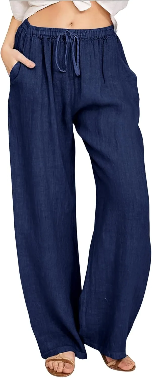 CHARTOU Women's Summer Drawstring Waist Wide Leg Loose Cotton Linen Palazzo Pants