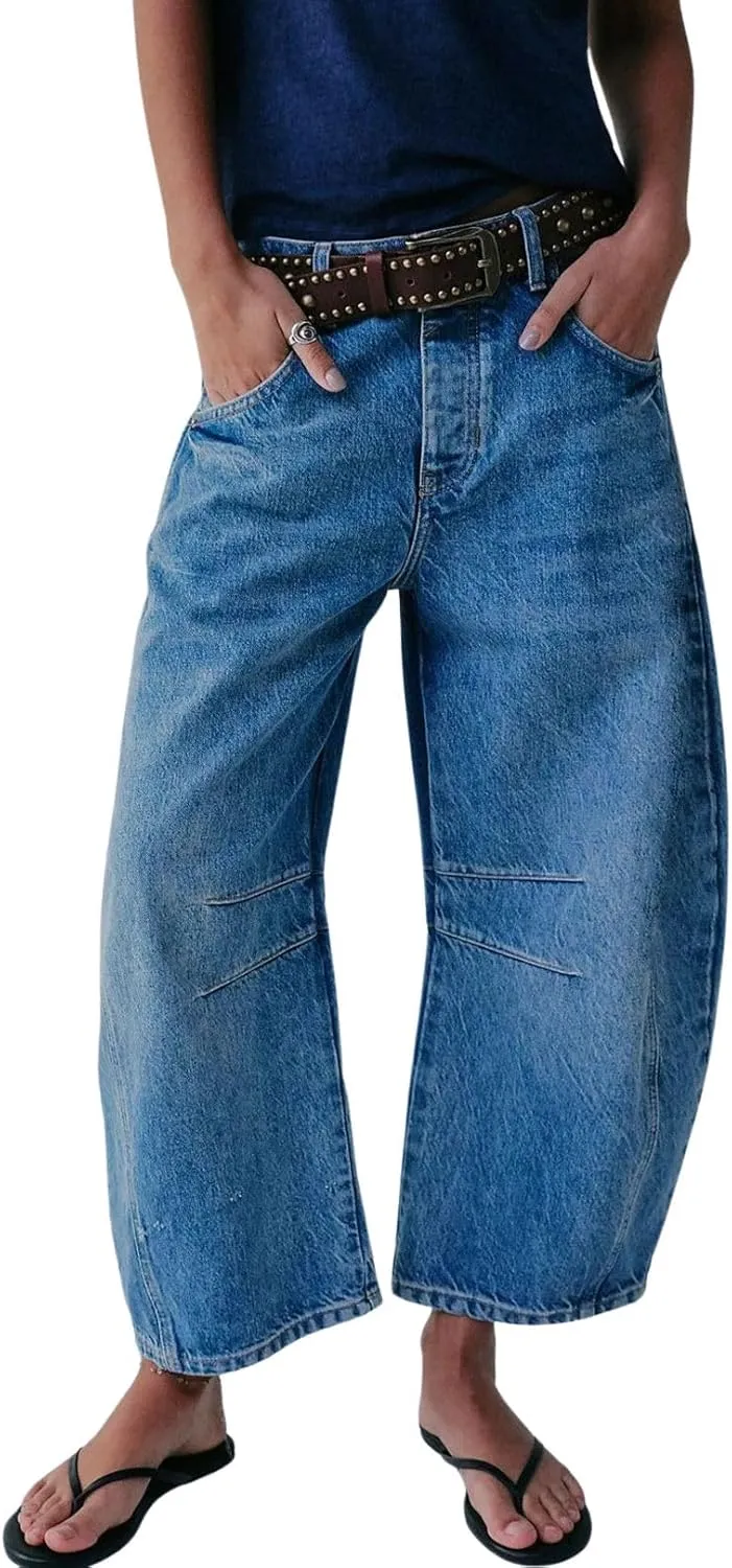 CHARTOU Women's Wide Leg Cropped Baggy Y2k Mid Rise Jeans - Boyfriend Harem Denim Pants