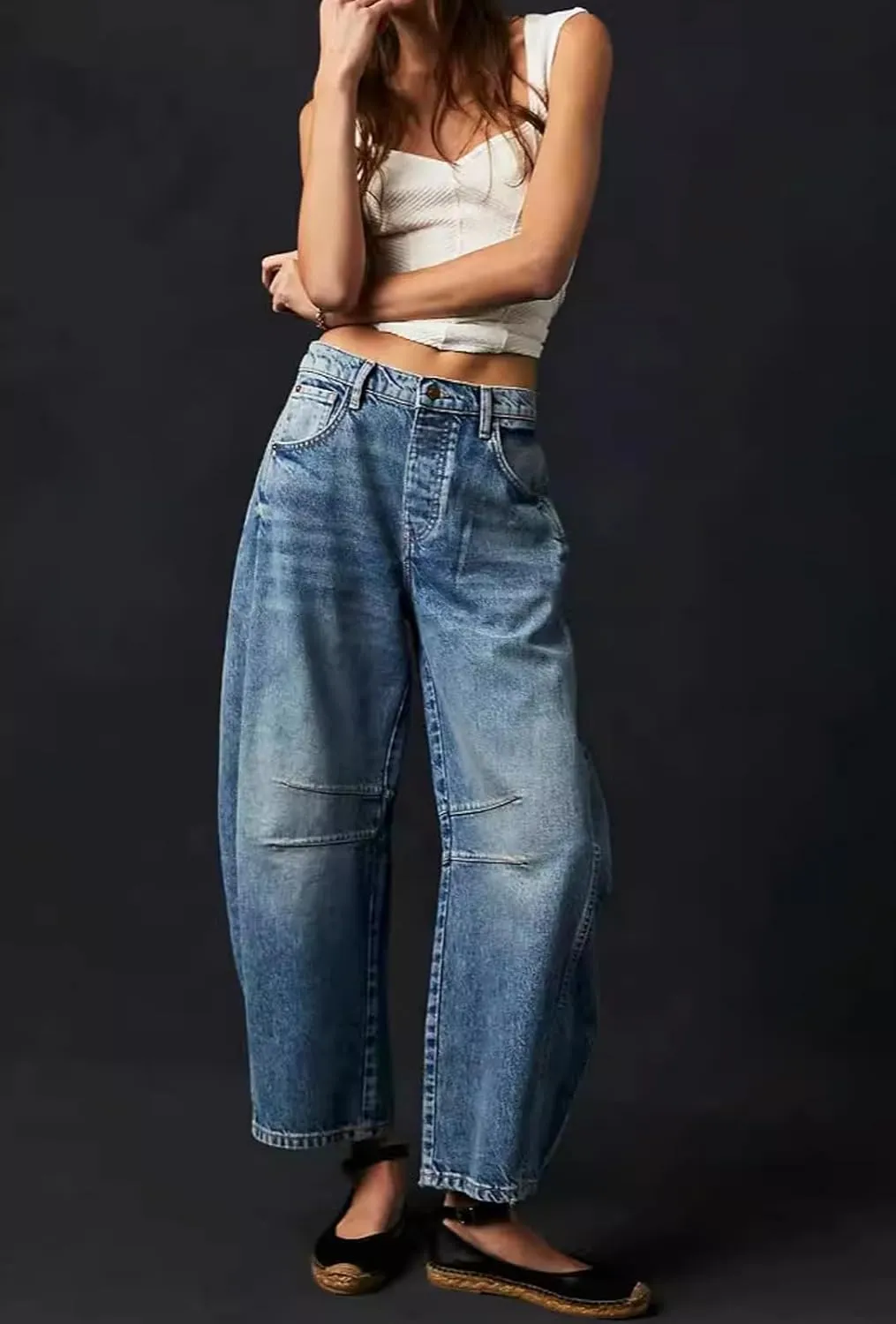 CHARTOU Women's Wide Leg Cropped Baggy Y2k Mid Rise Jeans - Boyfriend Harem Denim Pants