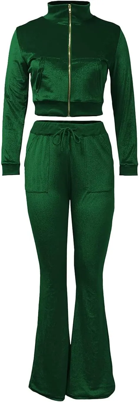 Chatinction Women's 2 Piece Outfit Velour Zip Up Crop Jacket and Bell Bottoms Long Pants with Pockets Tracksuit Set