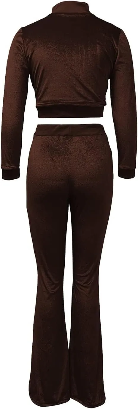 Chatinction Women's 2 Piece Outfit Velour Zip Up Crop Jacket and Bell Bottoms Long Pants with Pockets Tracksuit Set