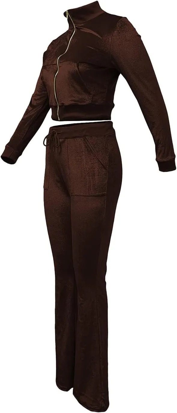 Chatinction Women's 2 Piece Outfit Velour Zip Up Crop Jacket and Bell Bottoms Long Pants with Pockets Tracksuit Set