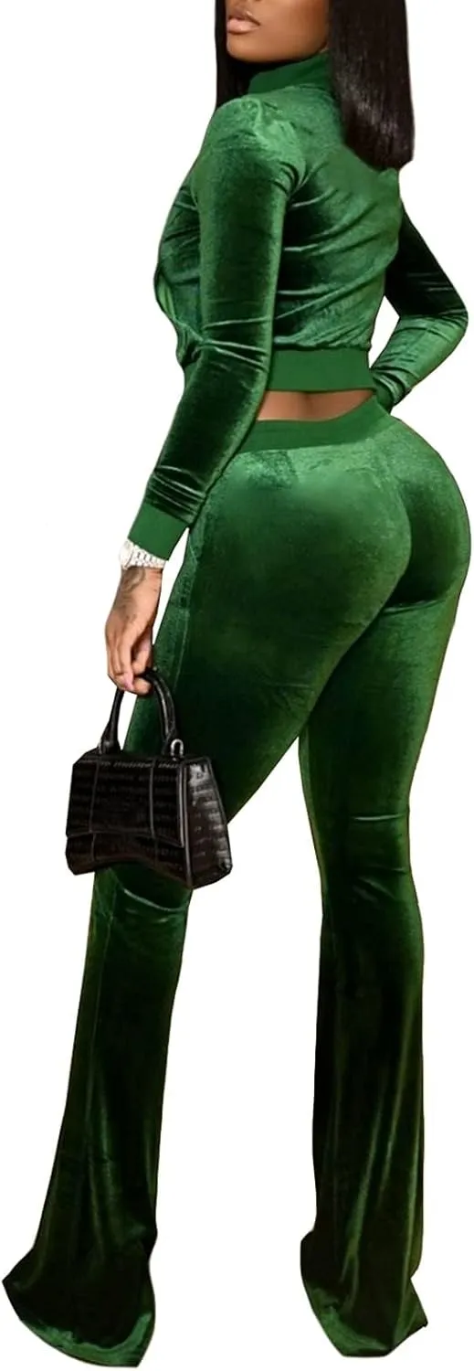 Chatinction Women's 2 Piece Outfit Velour Zip Up Crop Jacket and Bell Bottoms Long Pants with Pockets Tracksuit Set