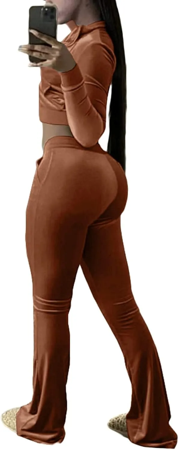 Chatinction Women's 2 Piece Outfit Velour Zip Up Crop Jacket and Bell Bottoms Long Pants with Pockets Tracksuit Set