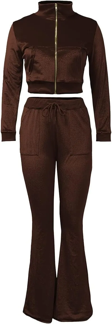 Chatinction Women's 2 Piece Outfit Velour Zip Up Crop Jacket and Bell Bottoms Long Pants with Pockets Tracksuit Set