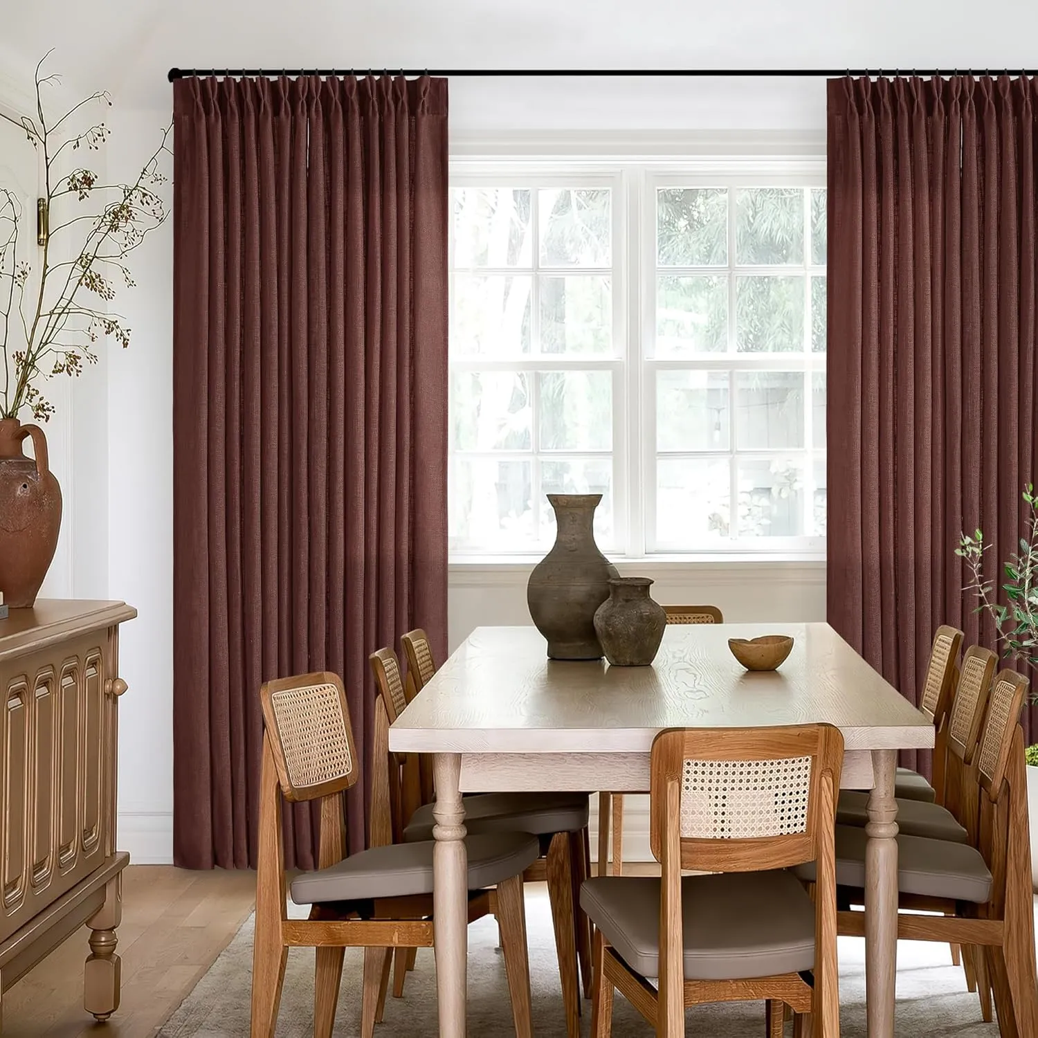 Chestnut Brown 84 Inch Pinch Pleated Linen Curtains 2 Panel Set for Living Room Thick Linen Textured Drapes 84 Inches Long Pinch Pleat Drapes Semi Sheer Curtain for Dining Bedroom Office Rust Maroon