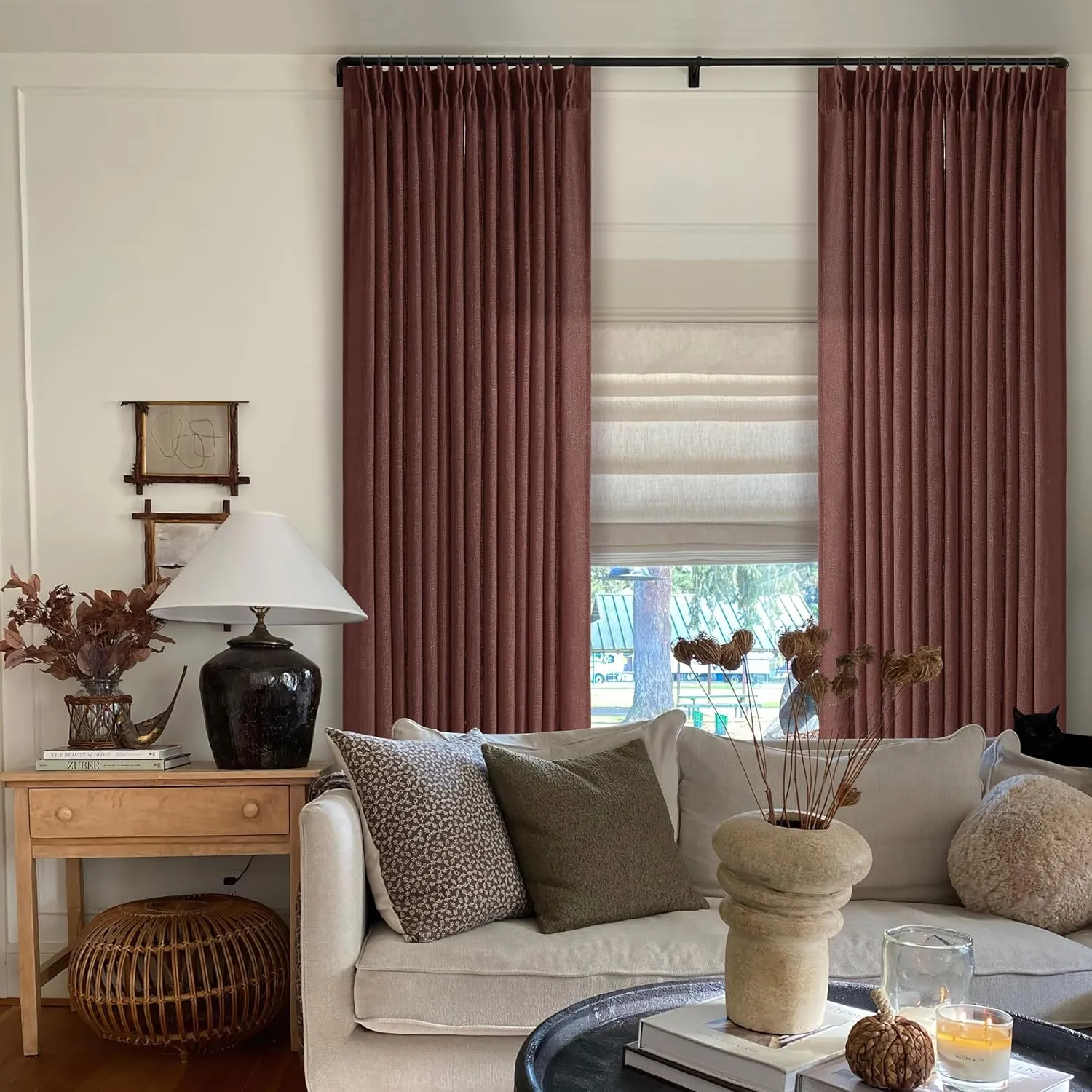 Chestnut Brown 84 Inch Pinch Pleated Linen Curtains 2 Panel Set for Living Room Thick Linen Textured Drapes 84 Inches Long Pinch Pleat Drapes Semi Sheer Curtain for Dining Bedroom Office Rust Maroon