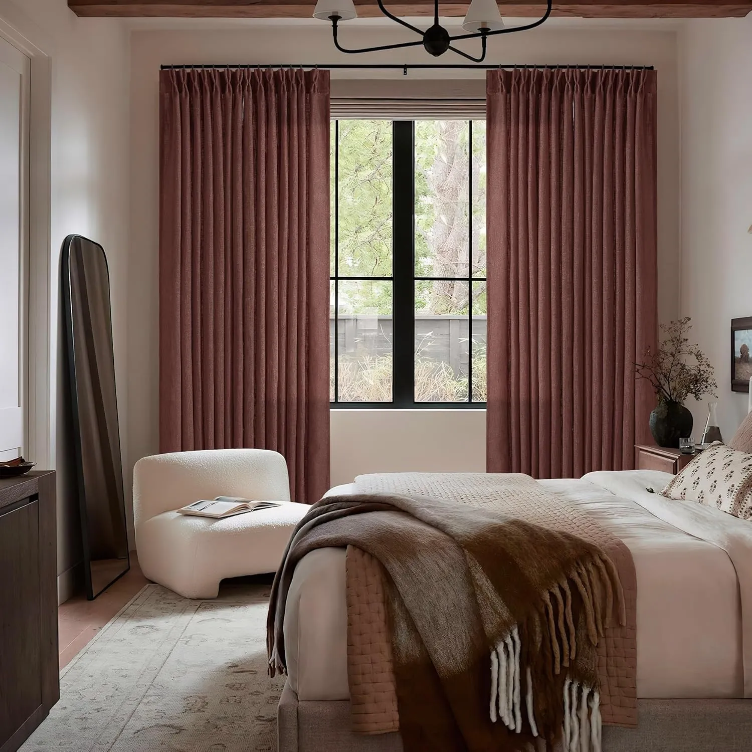 Chestnut Brown 84 Inch Pinch Pleated Linen Curtains 2 Panel Set for Living Room Thick Linen Textured Drapes 84 Inches Long Pinch Pleat Drapes Semi Sheer Curtain for Dining Bedroom Office Rust Maroon