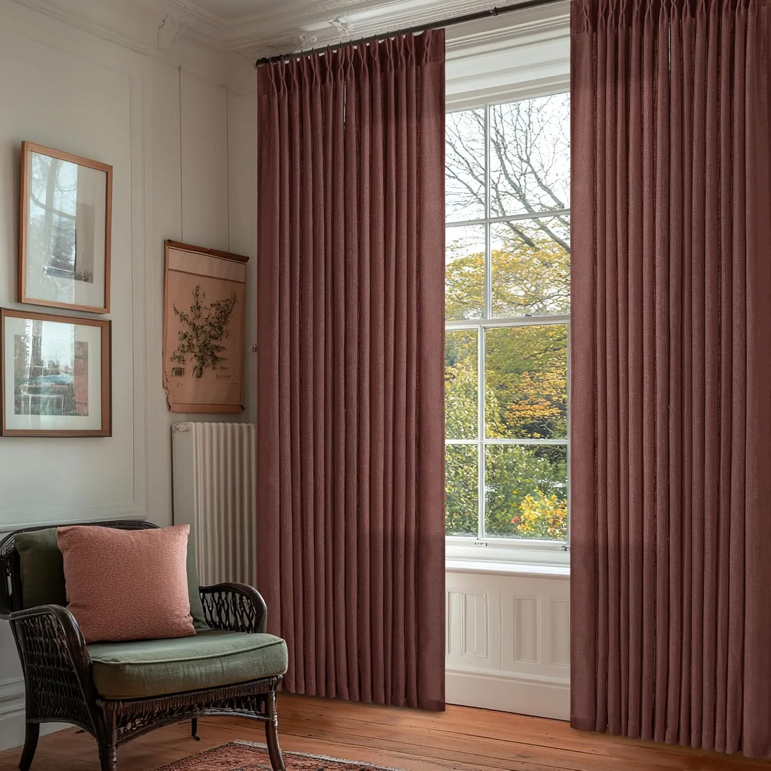 Chestnut Brown 84 Inch Pinch Pleated Linen Curtains 2 Panel Set for Living Room Thick Linen Textured Drapes 84 Inches Long Pinch Pleat Drapes Semi Sheer Curtain for Dining Bedroom Office Rust Maroon