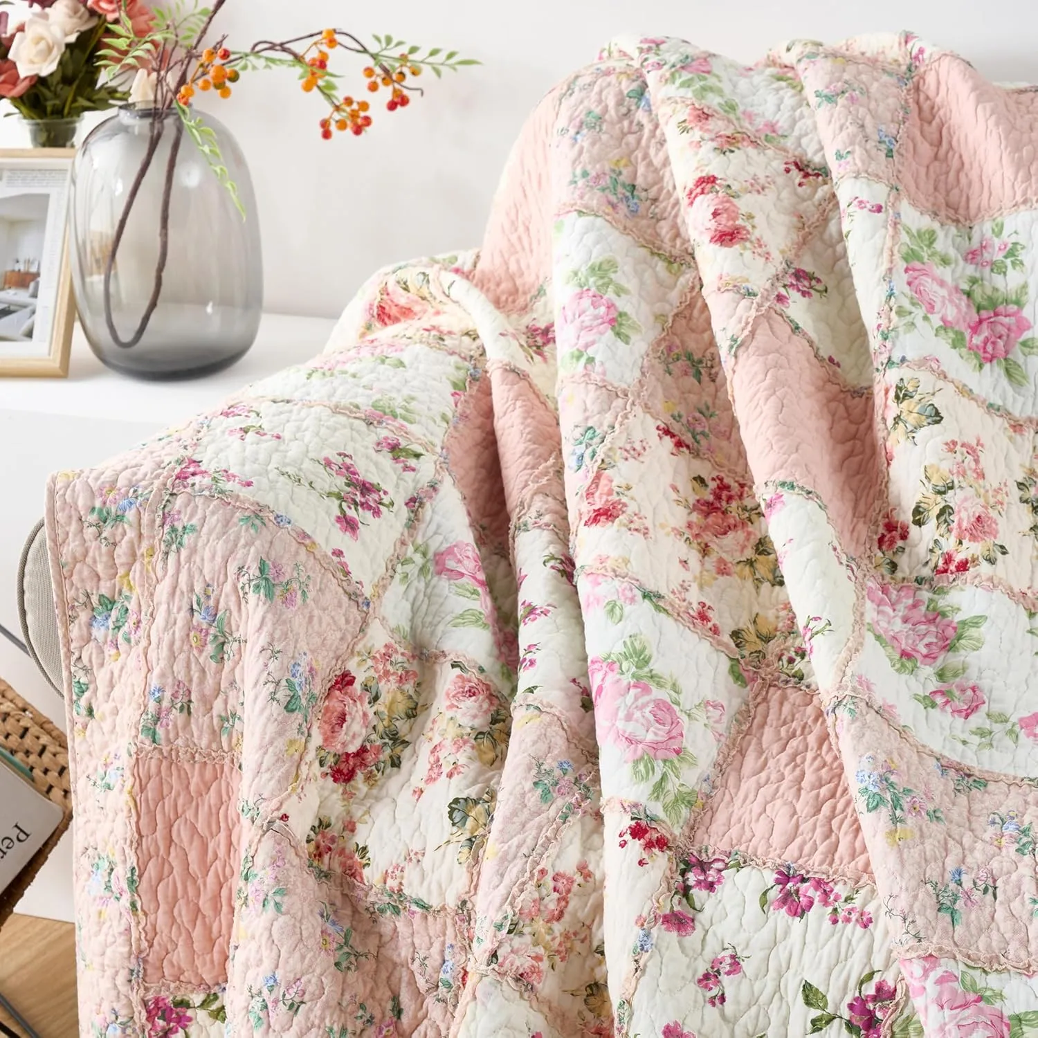 Chezmoi Collection Abbi 1-Piece Garden Floral Pink Shabby Chic Throw Pre-Washed Cotton Ruffle Trim Patchwork Throw Blanket