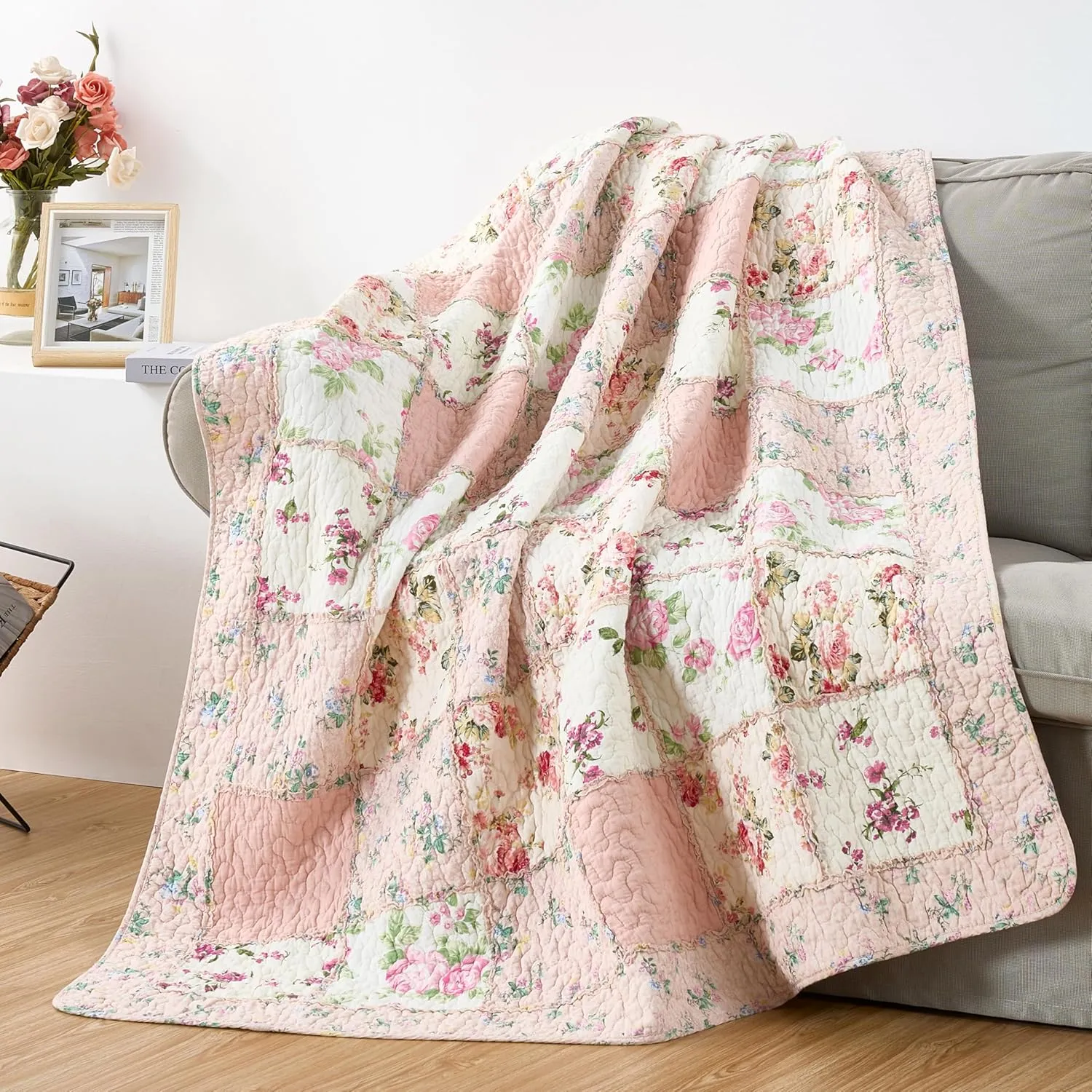 Chezmoi Collection Abbi 1-Piece Garden Floral Pink Shabby Chic Throw Pre-Washed Cotton Ruffle Trim Patchwork Throw Blanket