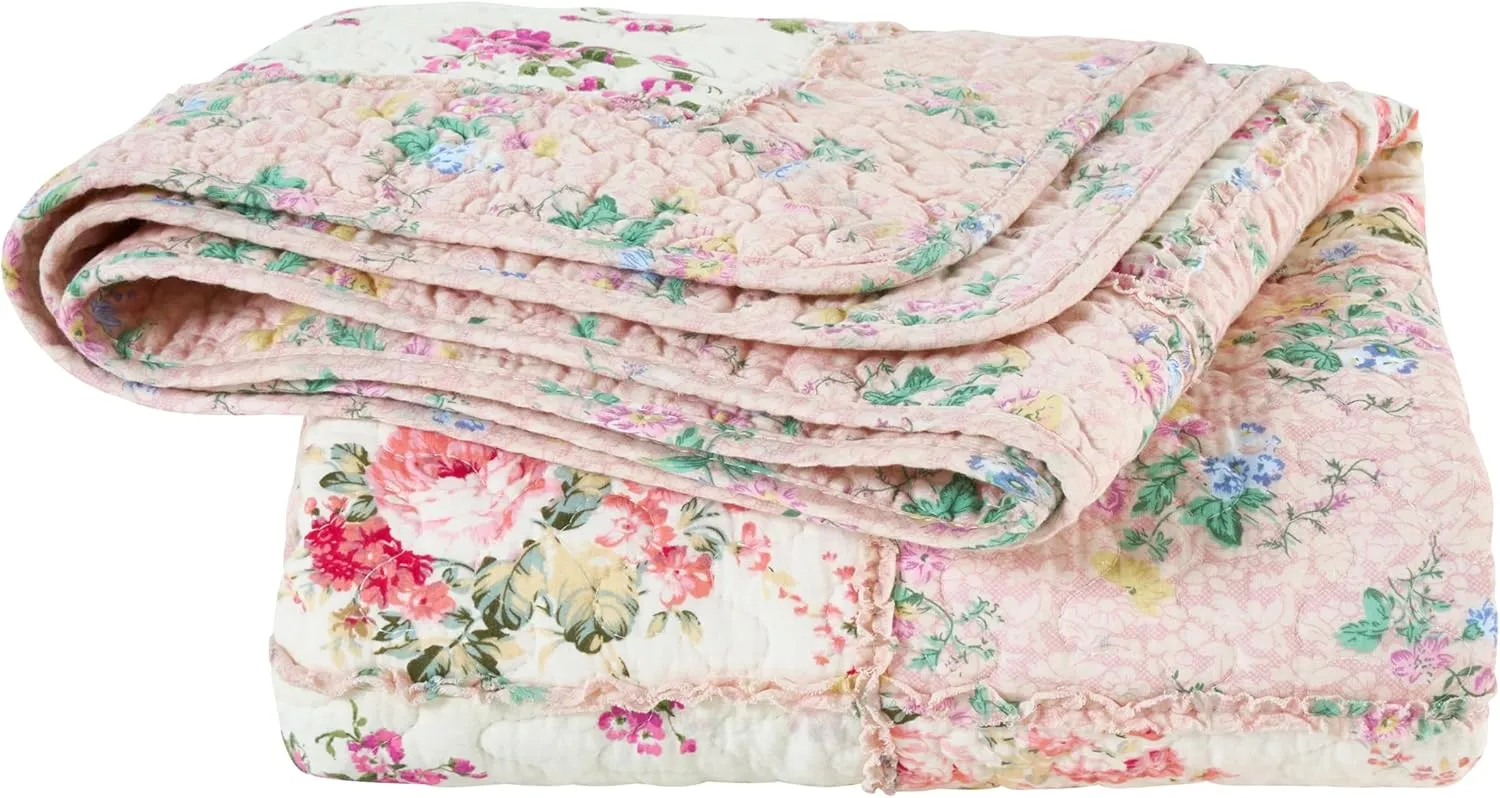 Chezmoi Collection Abbi 1-Piece Garden Floral Pink Shabby Chic Throw Pre-Washed Cotton Ruffle Trim Patchwork Throw Blanket