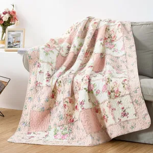 Chezmoi Collection Abbi 1-Piece Garden Floral Pink Shabby Chic Throw Pre-Washed Cotton Ruffle Trim Patchwork Throw Blanket
