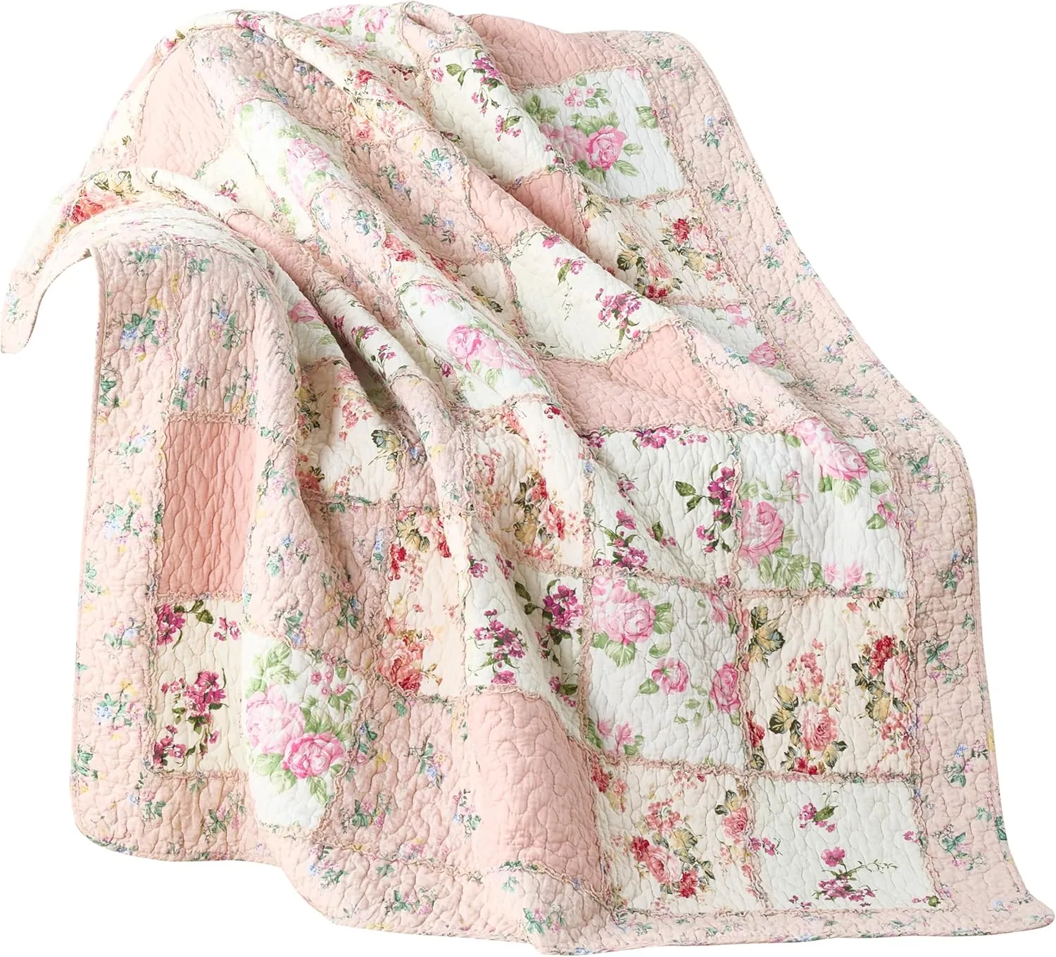 Chezmoi Collection Abbi 1-Piece Garden Floral Pink Shabby Chic Throw Pre-Washed Cotton Ruffle Trim Patchwork Throw Blanket