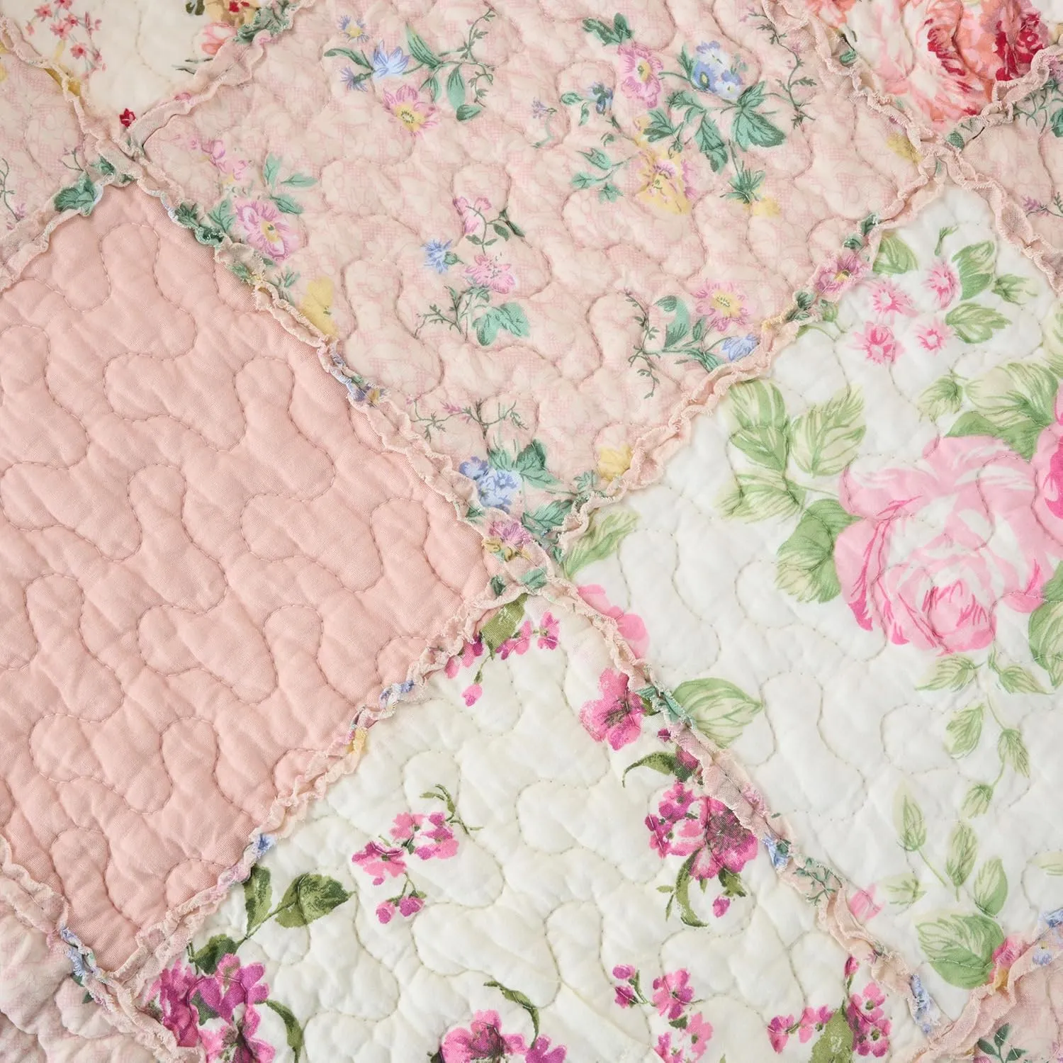 Chezmoi Collection Abbi 1-Piece Garden Floral Pink Shabby Chic Throw Pre-Washed Cotton Ruffle Trim Patchwork Throw Blanket