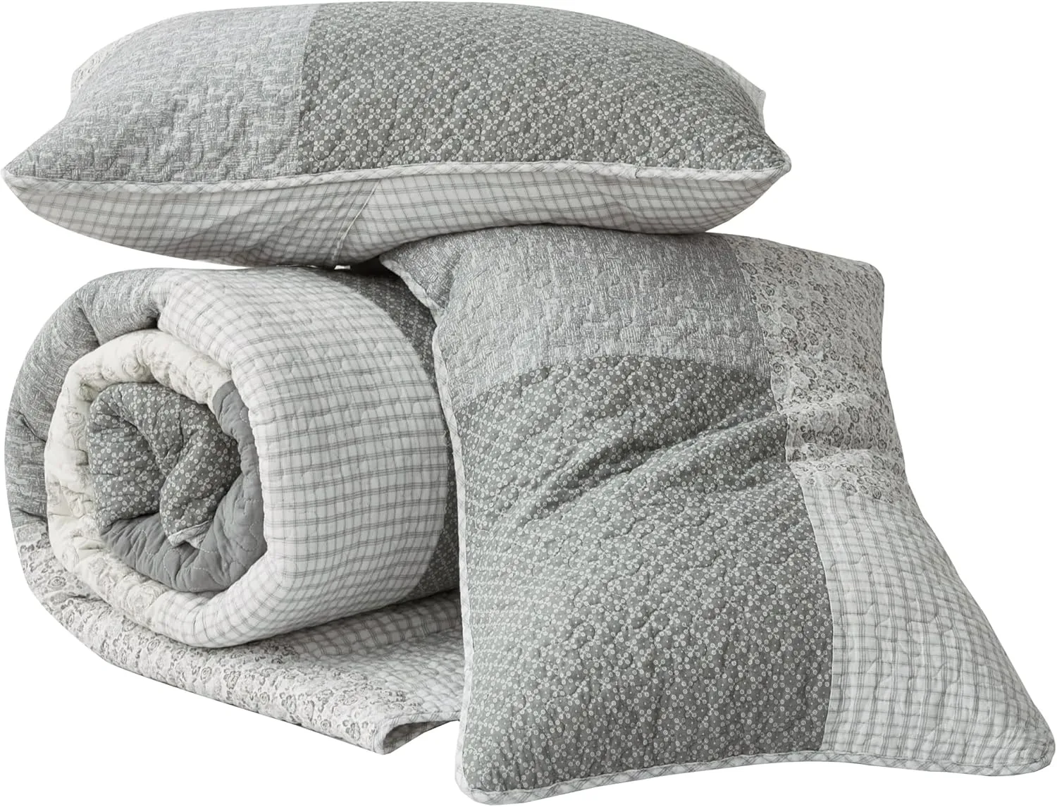 Chezmoi Collection Cooper 3-Piece Muted Gray White Ivory Floral Plaid Patchwork Quilt Set - Pre-Washed Cotton Quilted Lightweight Reversible Bedspread for All Seasons, Oversized King 120x96