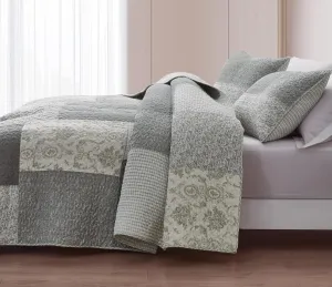 Chezmoi Collection Cooper 3-Piece Muted Gray White Ivory Floral Plaid Patchwork Quilt Set - Pre-Washed Cotton Quilted Lightweight Reversible Bedspread for All Seasons, Oversized King 120x96