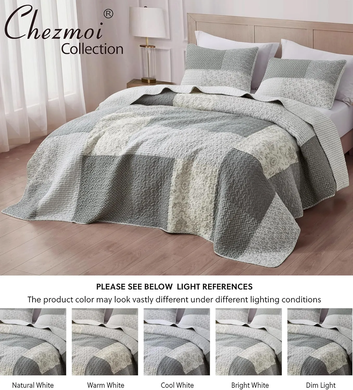 Chezmoi Collection Cooper 3-Piece Muted Gray White Ivory Floral Plaid Patchwork Quilt Set - Pre-Washed Cotton Quilted Lightweight Reversible Bedspread for All Seasons, Oversized King 120x96