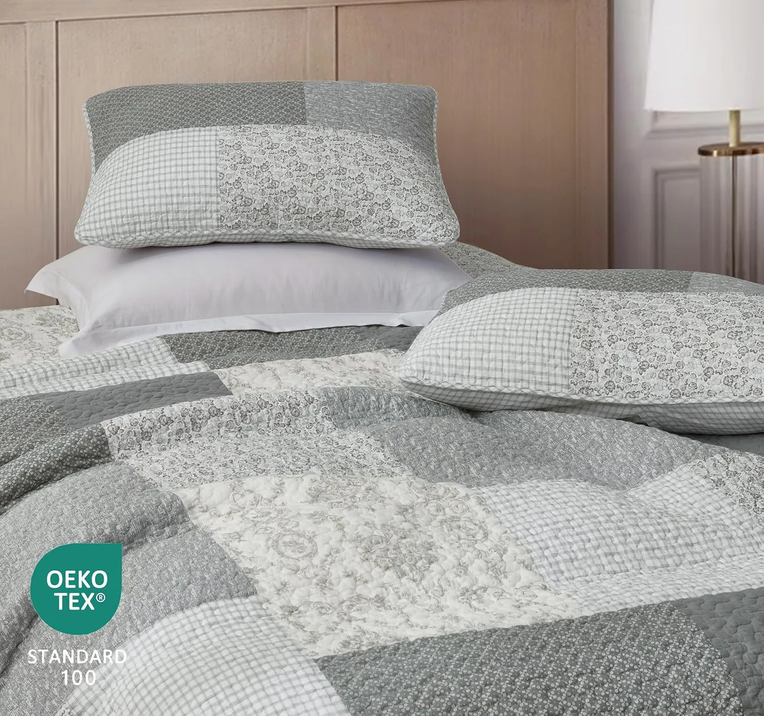 Chezmoi Collection Cooper 3-Piece Muted Gray White Ivory Floral Plaid Patchwork Quilt Set - Pre-Washed Cotton Quilted Lightweight Reversible Bedspread for All Seasons, Oversized King 120x96
