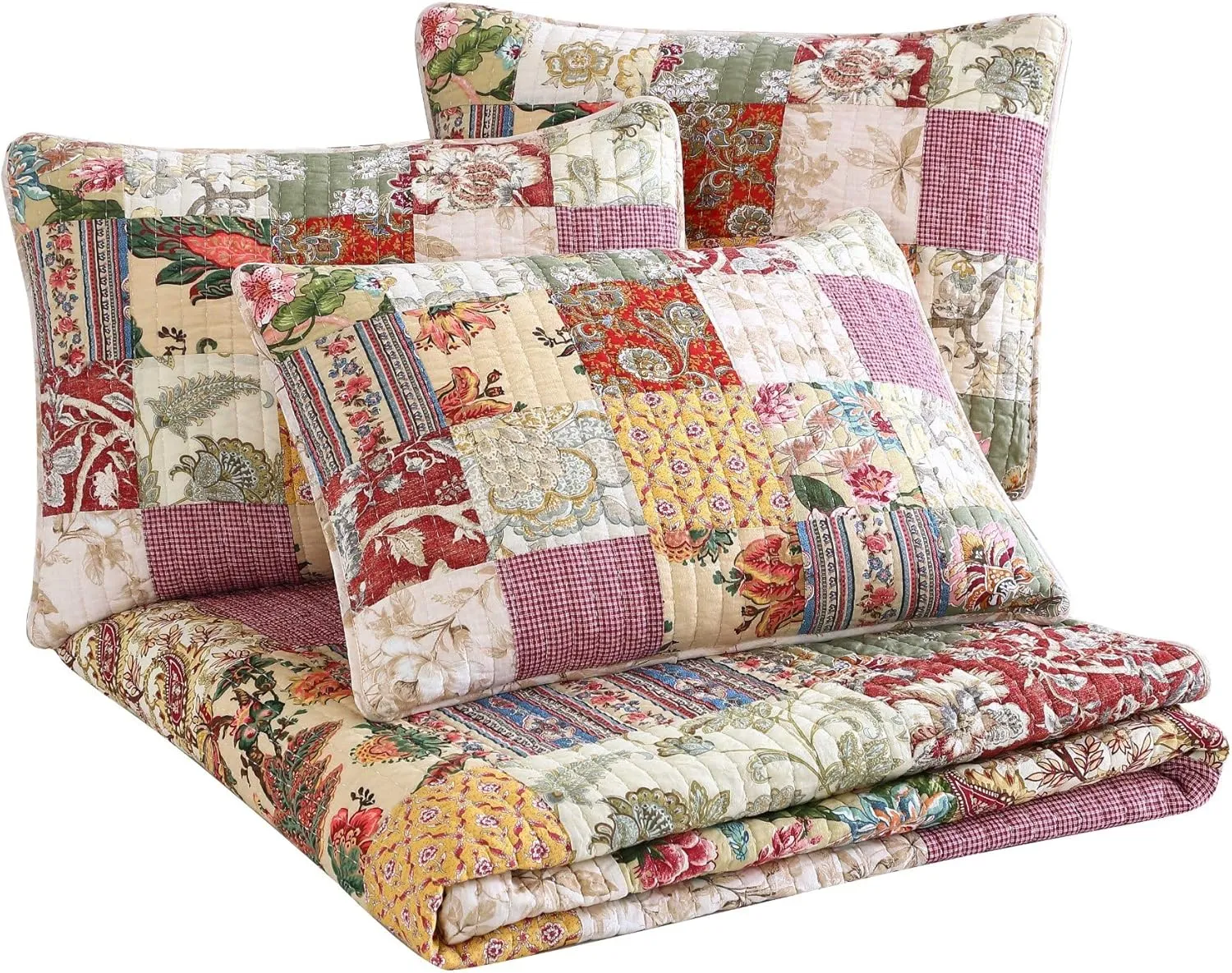 Chezmoi Collection Delaney 5-Piece Floral Patchwork Daybed Cover Set, Pre-Washed 100% Cotton Quilt Coverlet Set, Daybed Size