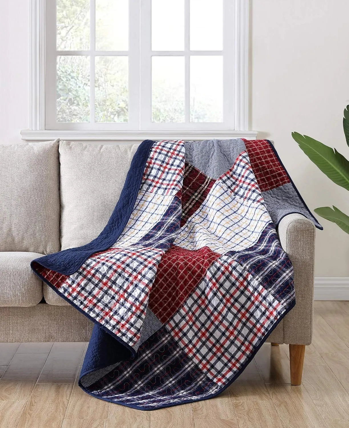 Chezmoi Collection Grizzly 1-Piece Plaid Checkered Patchwork Quilted 100% Washed Cotton Reversible Throw Blanket