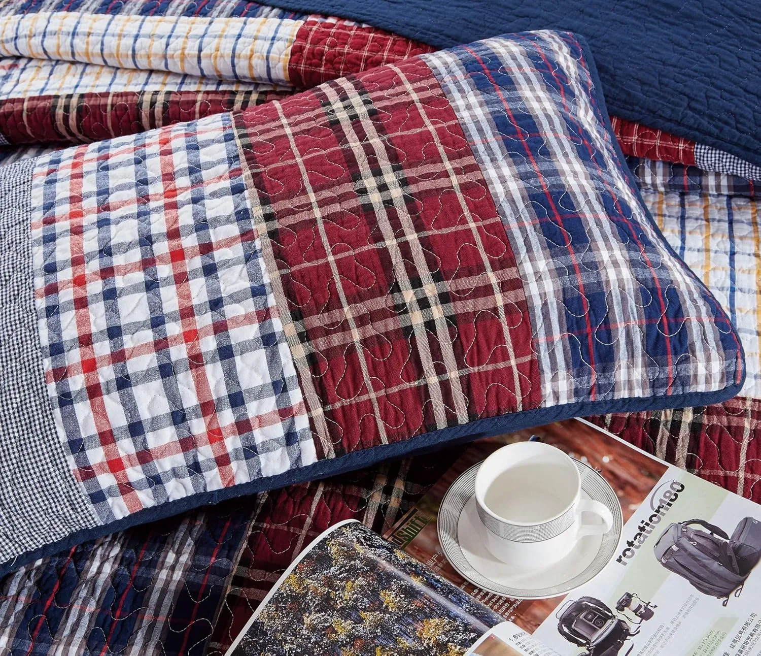 Chezmoi Collection Grizzly 5-Piece Plaid Checkered Patchwork Quilted Daybed Cover Set, Washed Cotton Quilt Set, Daybed Size