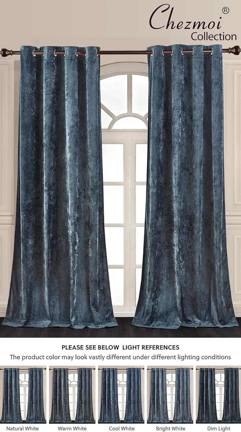 Chezmoi Collection Lux Storm Blue Crushed Velvet Curtains, 2 Panel Set, Room Darkening Distressed Velvet Grommet Top Curtain, 50" W x 96" L for Living Room Bedroom Window Drapes