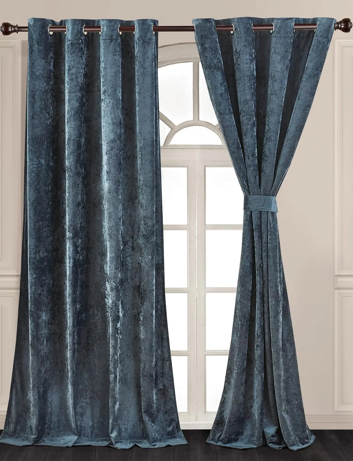 Chezmoi Collection Lux Storm Blue Crushed Velvet Curtains, 2 Panel Set, Room Darkening Distressed Velvet Grommet Top Curtain, 50" W x 96" L for Living Room Bedroom Window Drapes