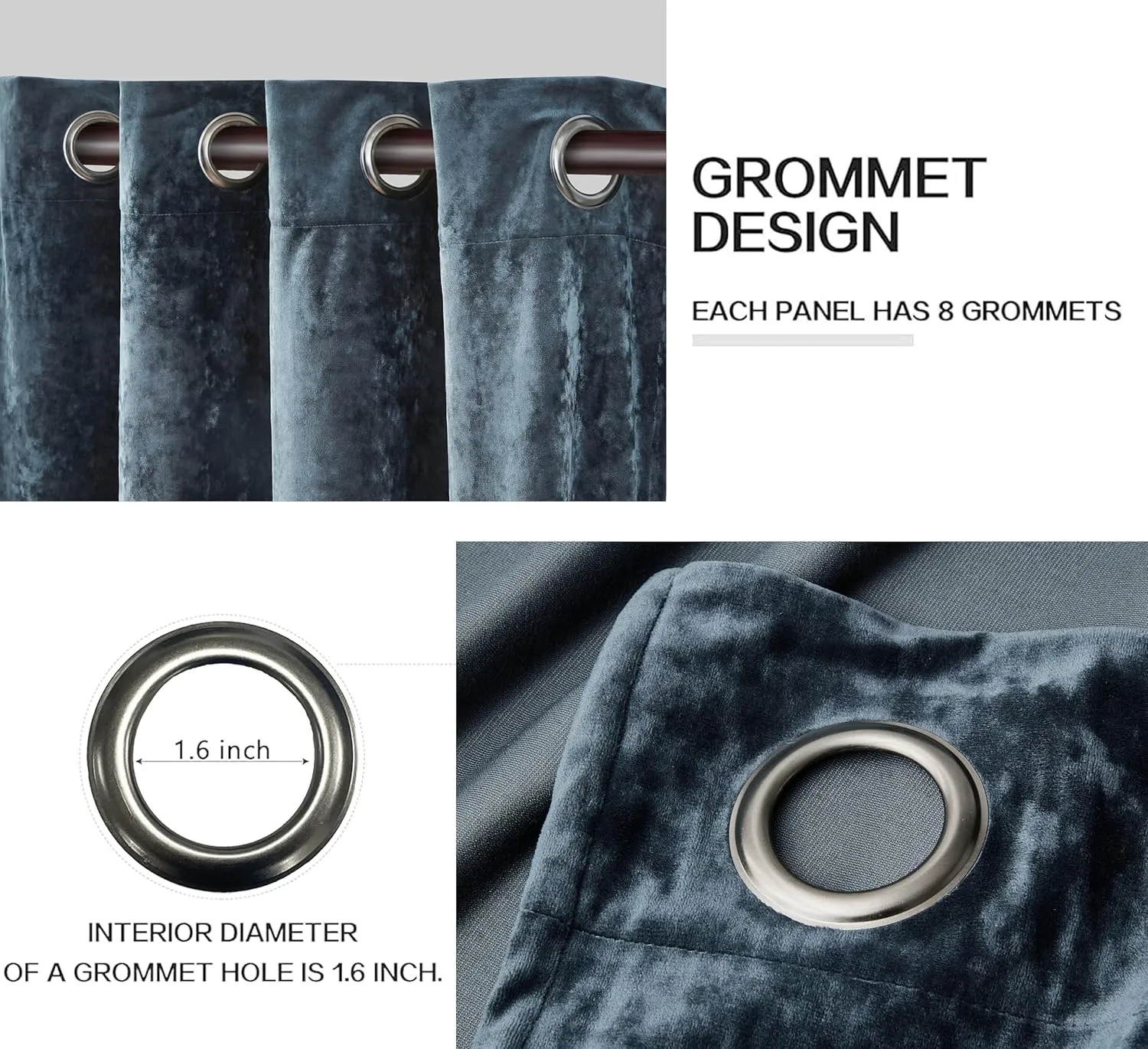 Chezmoi Collection Lux Storm Blue Crushed Velvet Curtains, 2 Panel Set, Room Darkening Distressed Velvet Grommet Top Curtain, 50" W x 96" L for Living Room Bedroom Window Drapes