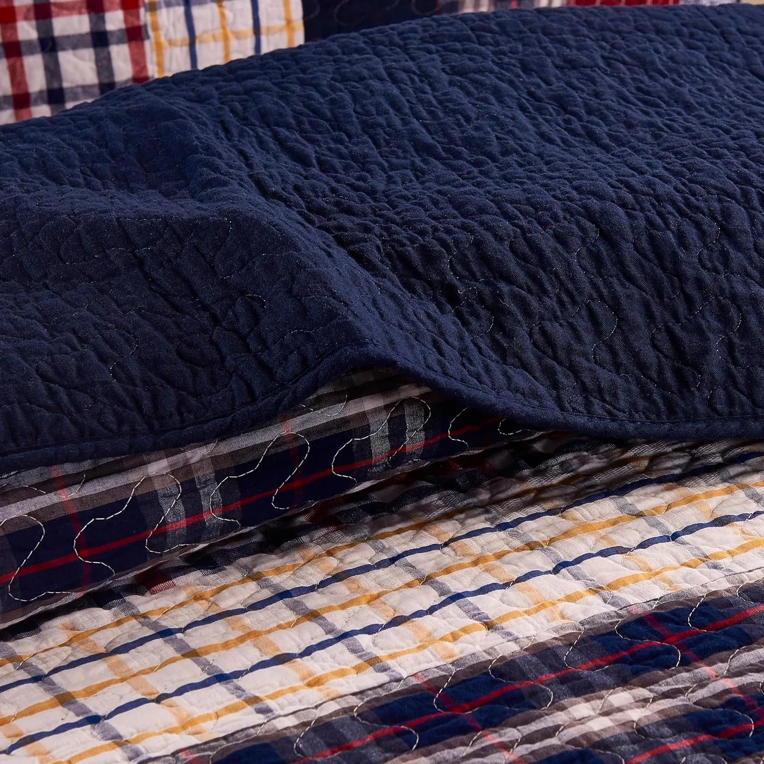 Chezmoi Collection Milton 3-Piece Plaid Checkered Patchwork Striped Quilted 100% Washed Cotton Reversible Bedspread Quilt Set, King