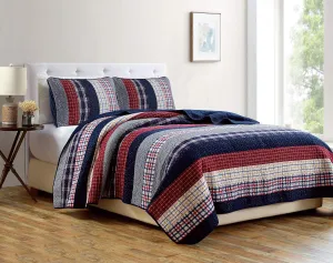 Chezmoi Collection Milton 3-Piece Plaid Checkered Patchwork Striped Quilted 100% Washed Cotton Reversible Bedspread Quilt Set, King