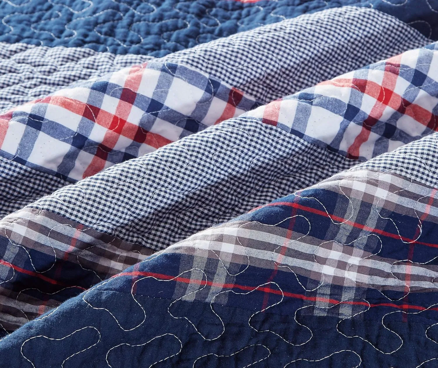 Chezmoi Collection Milton 3-Piece Plaid Checkered Patchwork Striped Quilted 100% Washed Cotton Reversible Bedspread Quilt Set, King
