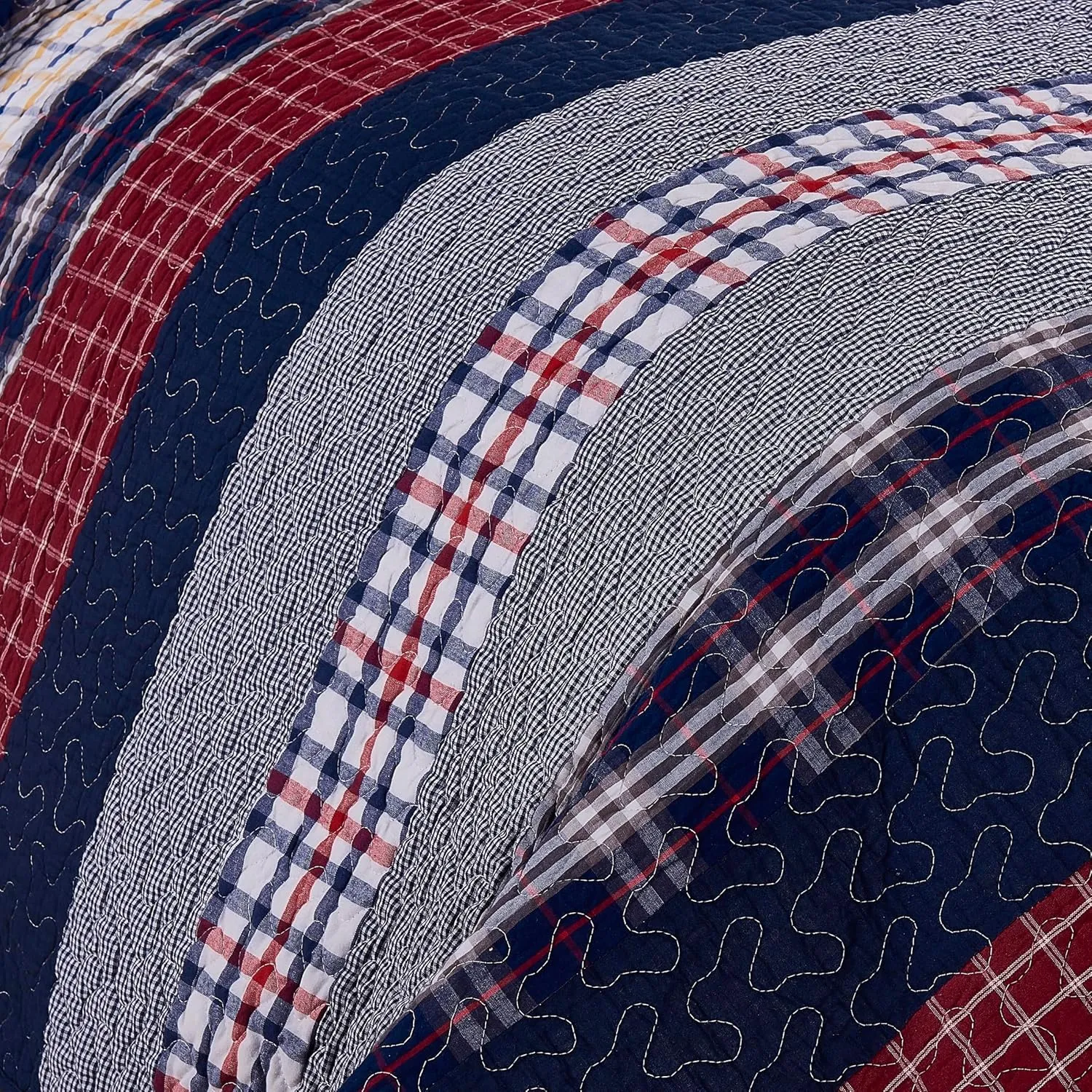 Chezmoi Collection Milton 3-Piece Plaid Checkered Patchwork Striped Quilted 100% Washed Cotton Reversible Bedspread Quilt Set, King