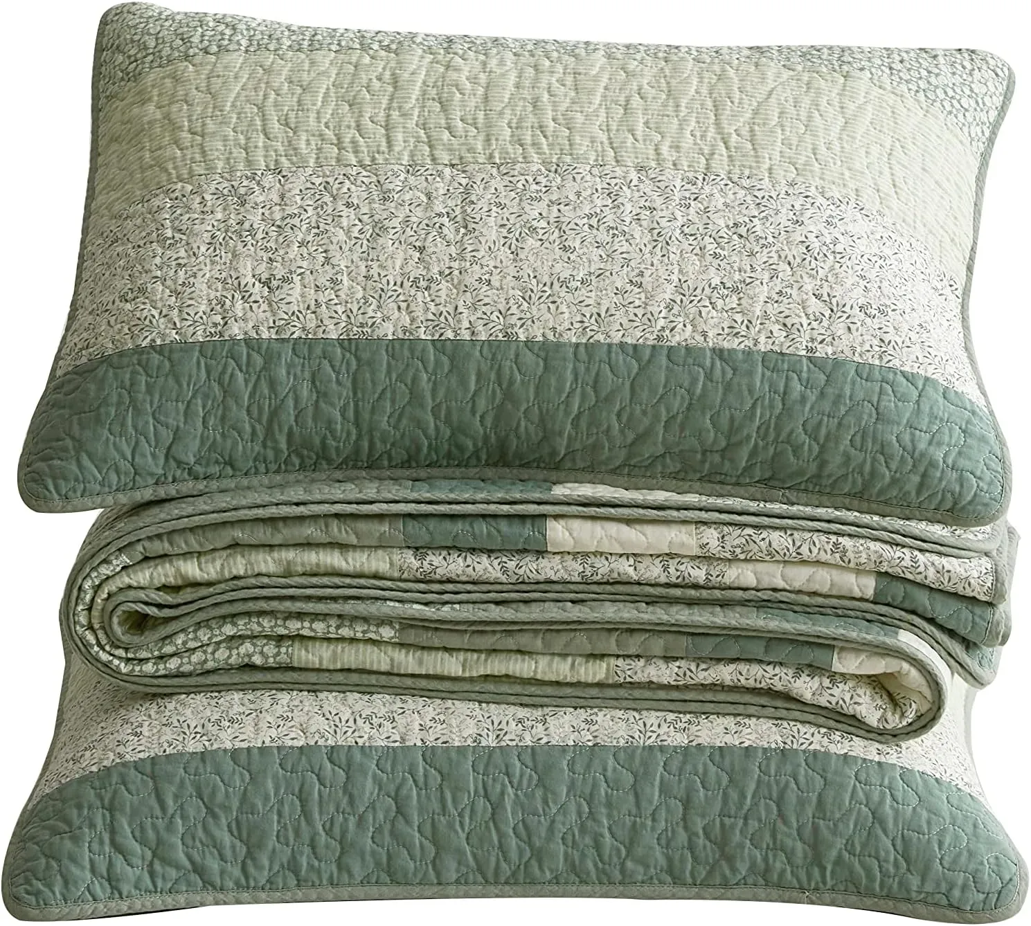 Chezmoi Collection Reed 3-Piece Chic Patchwork Striped Quilt Set - Green Floral Coverlet - Pre-Washed Cotton Lightweight Reversible Bedspread, Oversized King Size