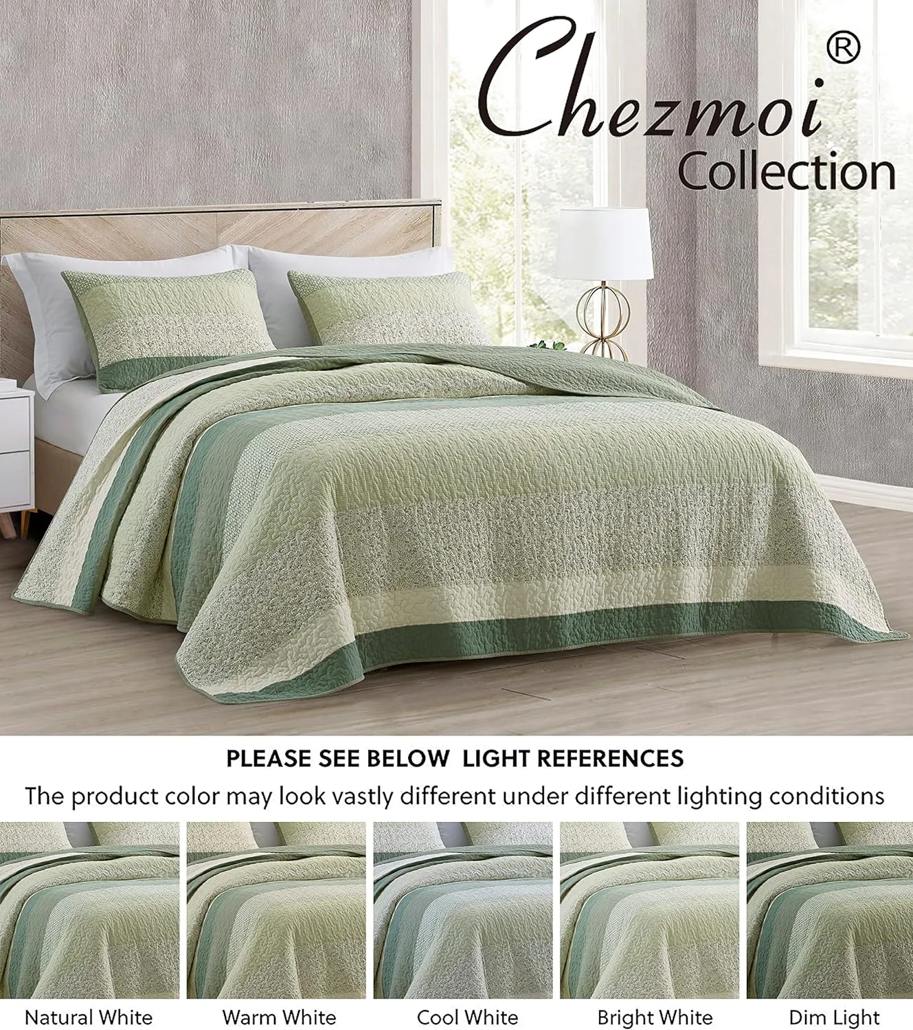 Chezmoi Collection Reed 3-Piece Chic Patchwork Striped Quilt Set - Green Floral Coverlet - Pre-Washed Cotton Lightweight Reversible Bedspread, Oversized King Size